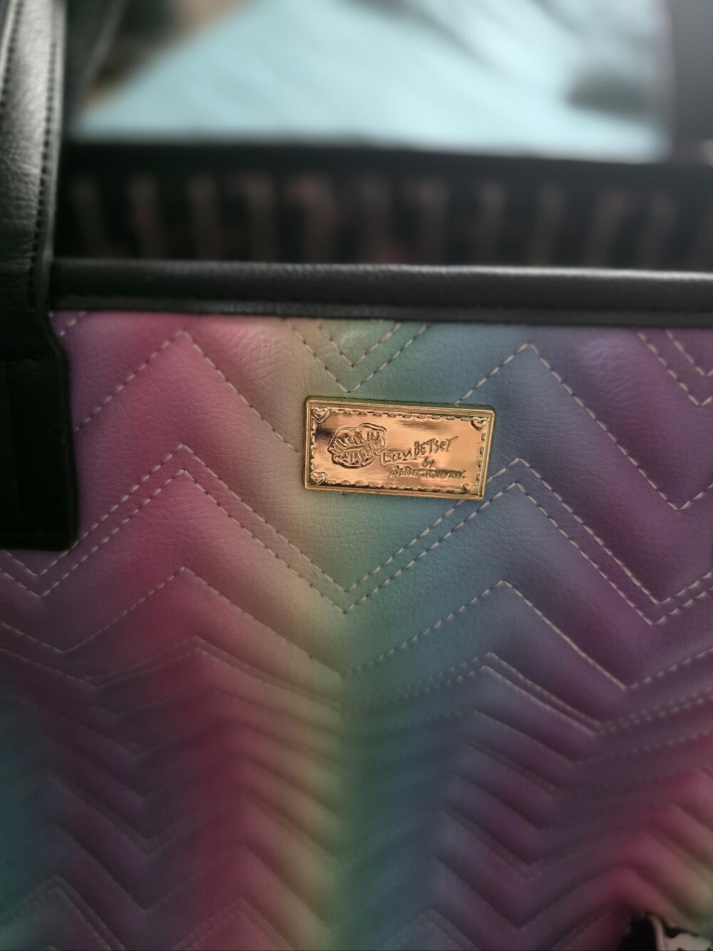 Betsey Johnson Pastel Rainbow Quilted Tote with Black Handles - Picture 2 of 3